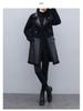 Vintage-Style Women's Mid-Length Leather & Fur Coat - Double-Sided, Fleece-Lined, Spliced Design