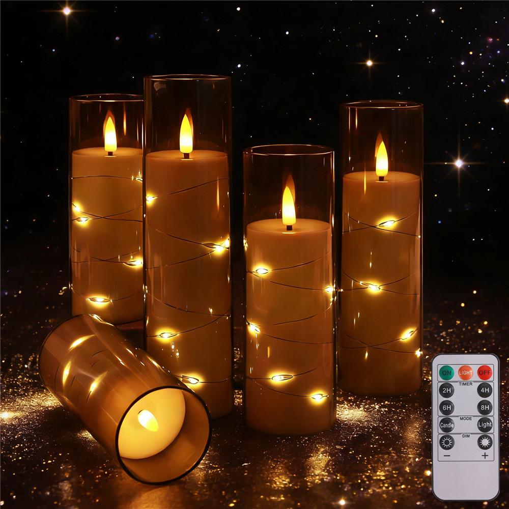 Flameless LED Candles with Embedded Star String Battery Operated Remote Flickering Pillar Candle Light &Timer Home Decoration
