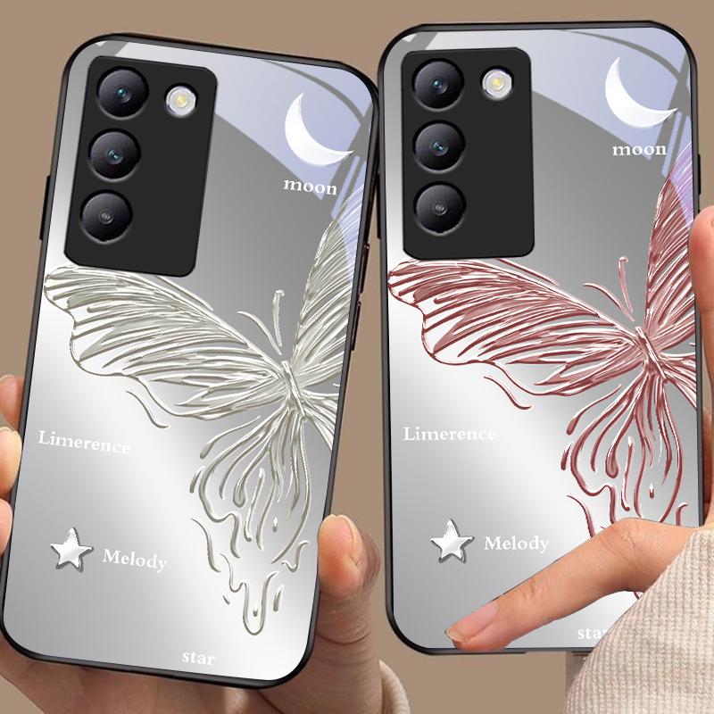 Metallic Butterfly For Y72 33S 11 03 36 96 Lite 35 16 Iqoo 12 V40 SE 5G 29 40 21 30 X80 Pro Vivo Tempered Glass Phone Case Black