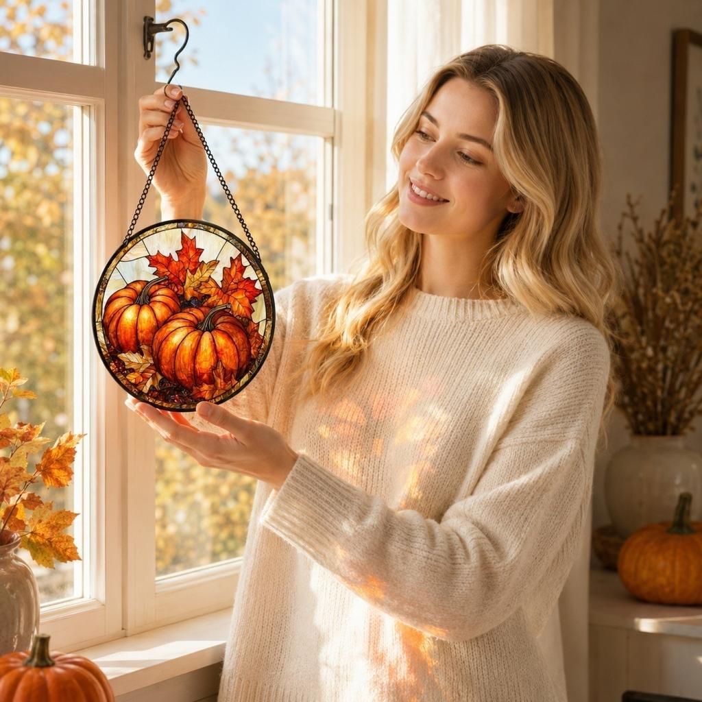 2D Colorful Acrylic Window Pumpkin Maple Leaf Door Hanging for Fall Halloween Decor