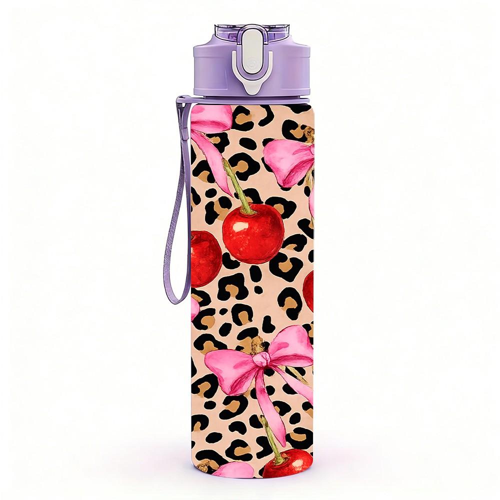 1PC Leopard Print Red Cherry Fruit Print 750ml Color Plastic Sports Water Bottle Leakproof Flip Straw Lid Suitable for Sports Office Home Use