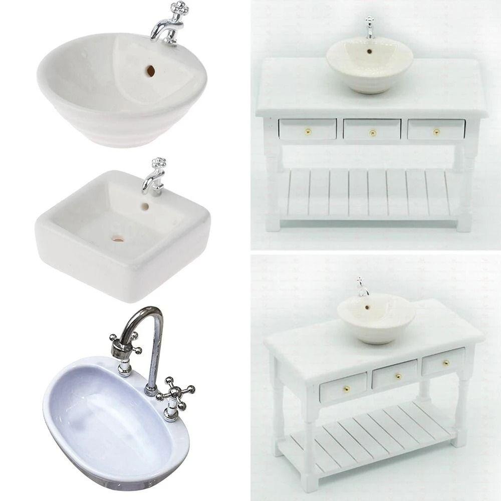 Pretend Play Wash Basin Figure Simulation Bathroom Sink Ceramic Dollhouse Toy Bathroom Sink Model
