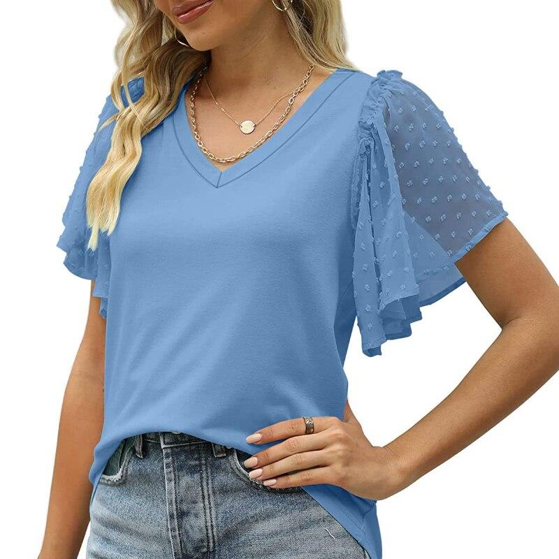 

Сплошной цвет, v-образный вырез, сращенные оборки, блузка с коротким рукавом, повседневная свободная офисная женская рубашка, женские рубашки, летняя одежда 2023, 26147 XXL светло-синий