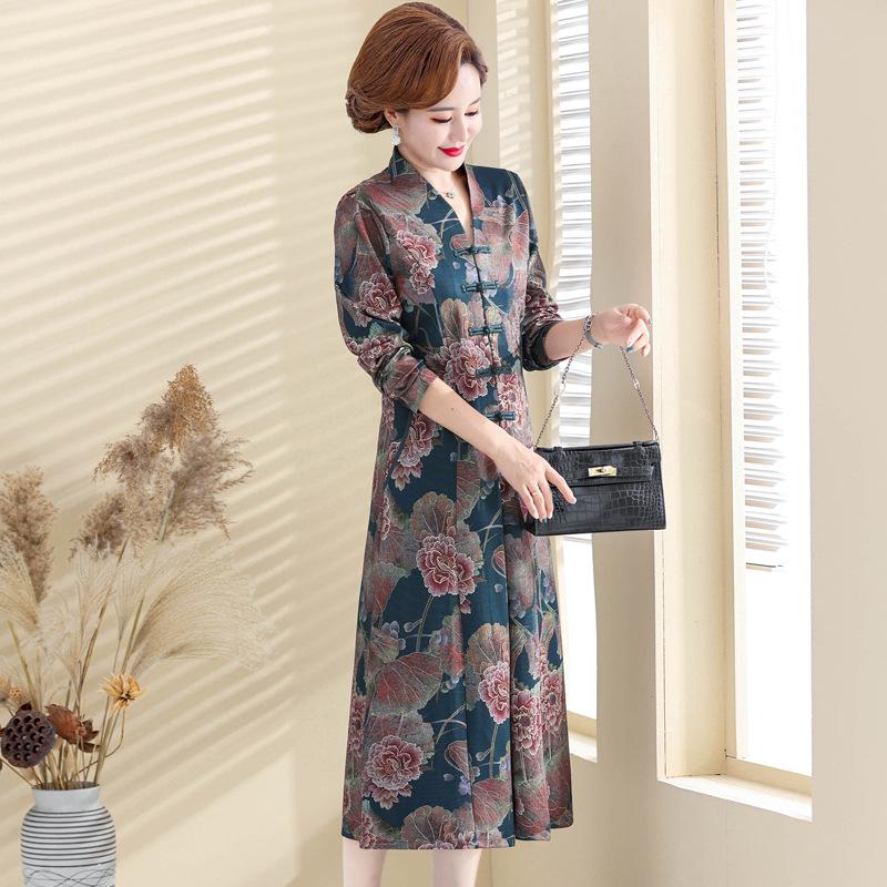 High-End Ethnic Print Long-Sleeve Cheongsam Dress - Women's Mid-Length Fashion for Autumn/Winter