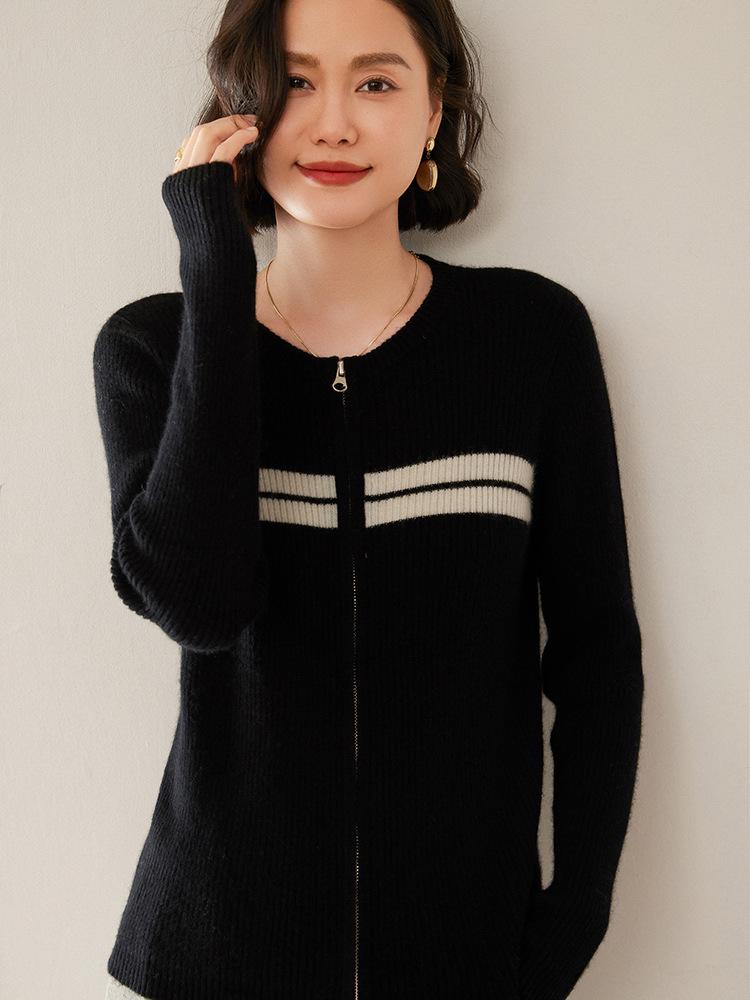 Color-Block Patchwork Cashmere Cardigan - Women's Autumn/Winter 2025 Ribbed Long Sleeve Knit Top