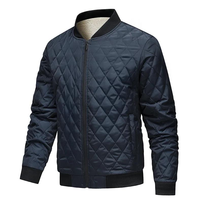 Men's Thickened Fleece Cotton Jacket Autumn Winter Warm Zipper Trendy Diamond Pattern Coat Baseball Collar Men Fashion Overcoat