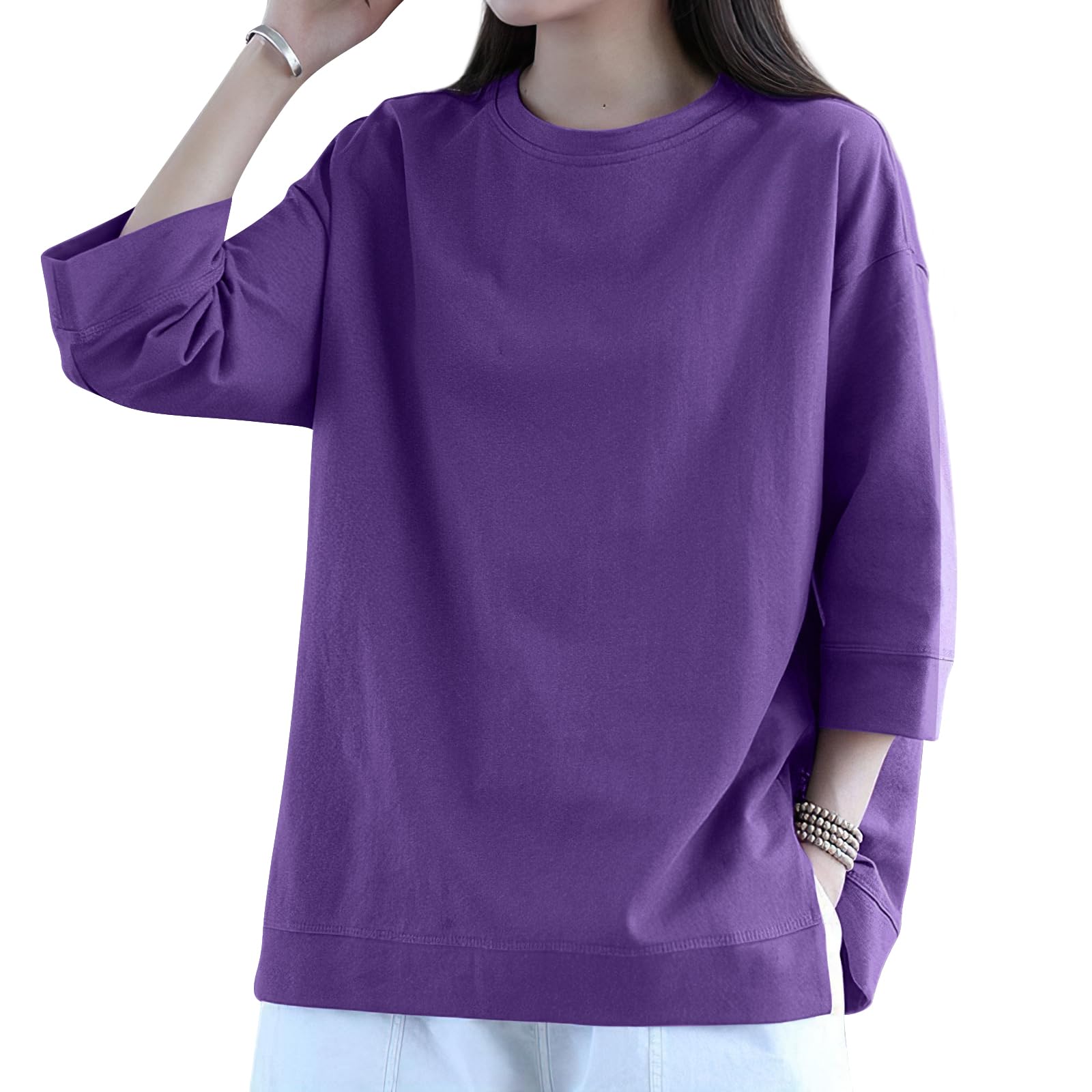 

Loose Fit Cotton Cut and Sweat Quick Short Sleeve Summer [EAXGO] Women s T-shirt, 3/4 Sleeve, [Fully Fitting, 100% T-shirt] T-shirt, Top, Sewn, фиолетовый