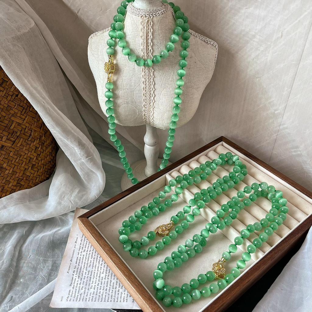 National Style Retro Fruit Green Artificial Opal Rose Buckle Necklace Collarbone Chain Long Sweater Chain