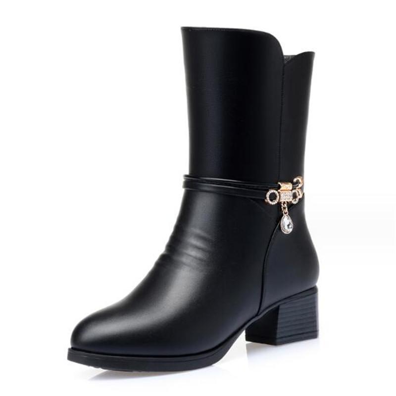 Women Leather Boots Genuine Leather Plush Boots Winter Warm Thick Heel Brand High-heeled Fashion Mid-Calf Snow Boots Women Shoe