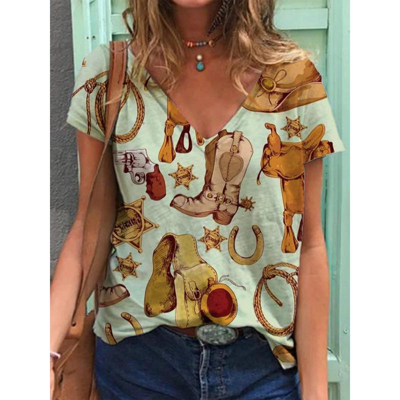

Vintage Western Denim Print V-Neck Short Sleeve T-Shirt Women S Top L