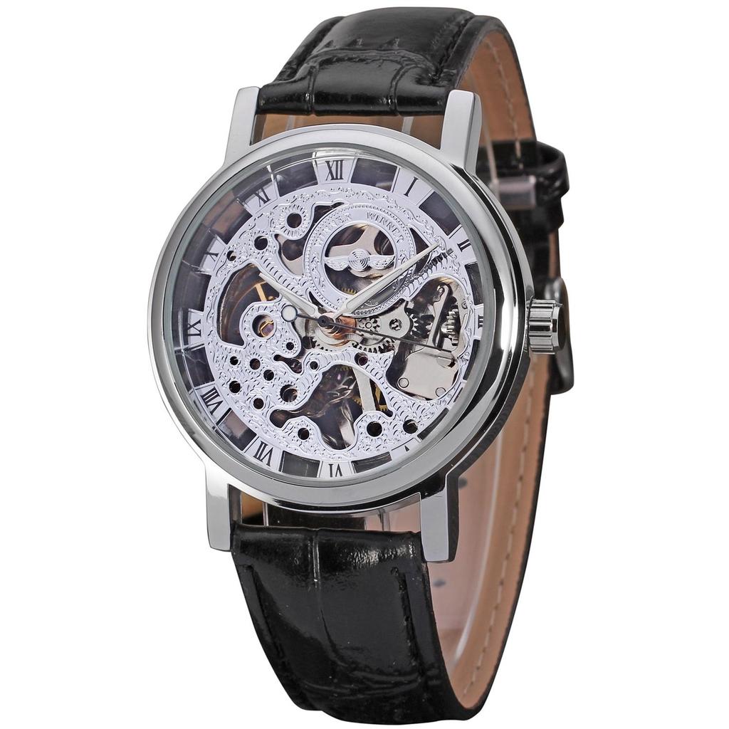Reloj de Pulsera Mecánico de Cuerda Manual Fashion Winner para Hombre, Estilo Steampunk Esqueleto, Correa de Cuero Casual, Reloj de Pulsera de Gama Alta