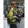 Olijfgroene leren jas jas silhouet vintage high street trend rits revers korte overjas losse casual top bovenkleding herfst
