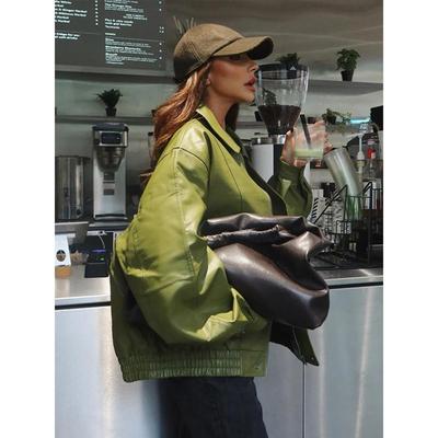 Δερμάτινο μπουφάν Olive Green Silhouette Vintage High Street Trend Πέτο με φερμουάρ Κοντό πανωφόρι Loose casual top outwear Φθινοπωρινό
