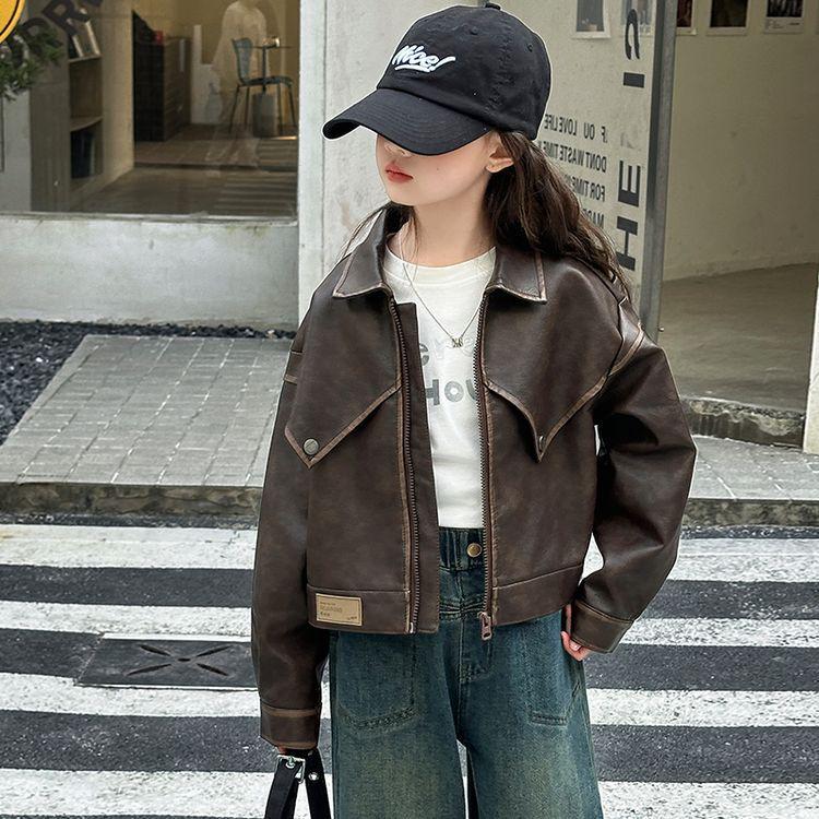 Girls' Trendy Leather Lapel Jacket - Spring/Autumn 2025