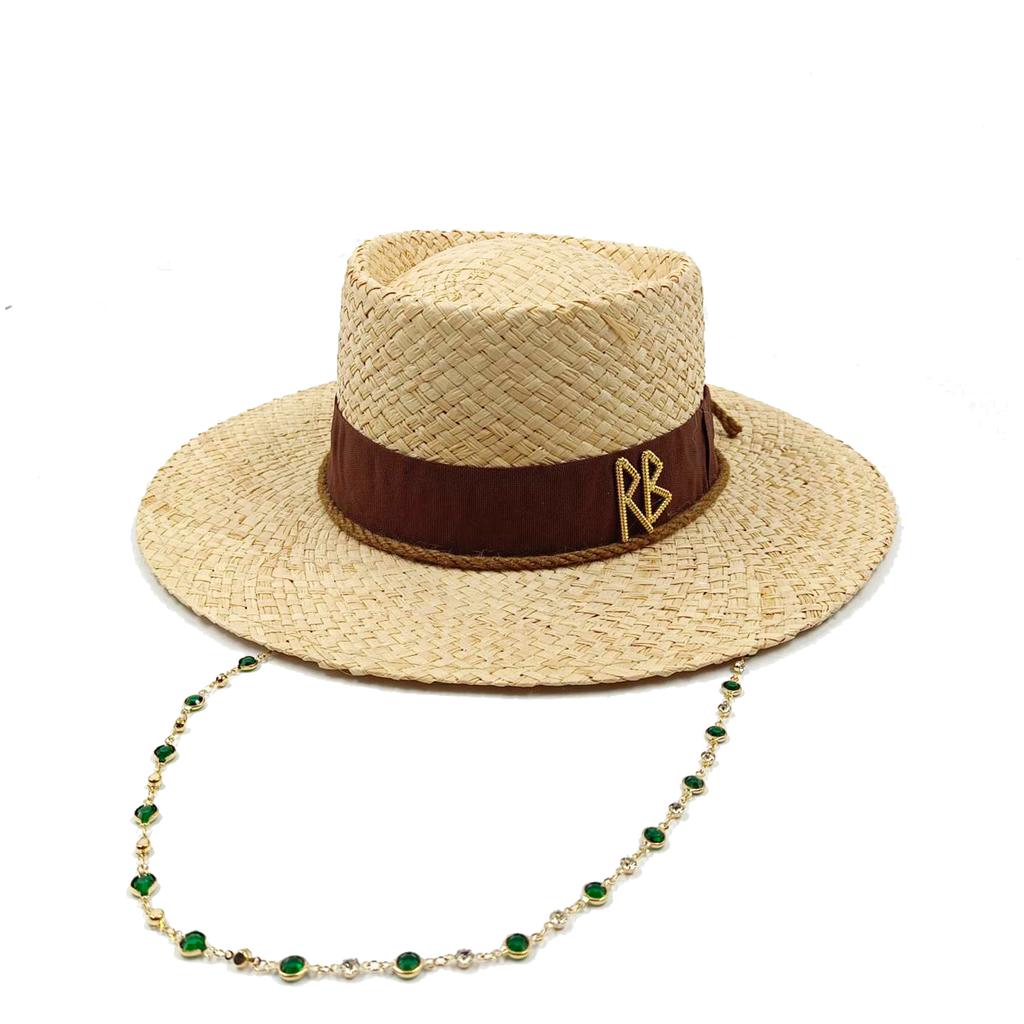 Summer Sunshade Hat Dome French Straw Hat Women's Metal Letter RB Decorative Straw Hat Holiday Sunshade Hat Punk Style Straw Hat