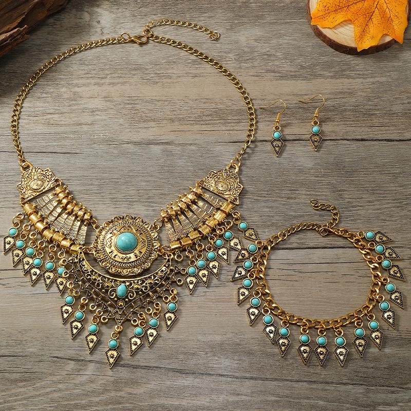 New 3-Piece Set Ethnic Retro Tassel Jewelry Set Sweater Chain Collar Chain Necklace Earrings Bracelet for Women