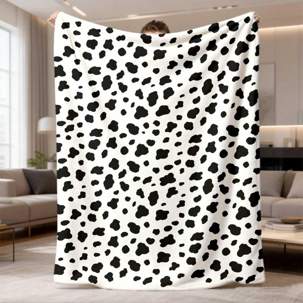 1pc Chic Black & White Cow Print Flannel Blanket | Soft, Cozy, and Versatile for Travel, Sofa, Bed, Camping, Car, and Office, Ideal Gift for Boys, Gir