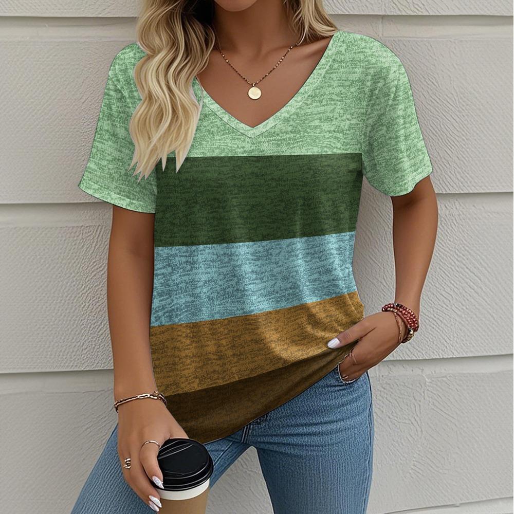 

Футболка с V-образным вырезом Женская Летний модный тренд Футболки с коротким рукавом Полоска Универсальный Оверсайз Свободный Женская одежда XXXL
