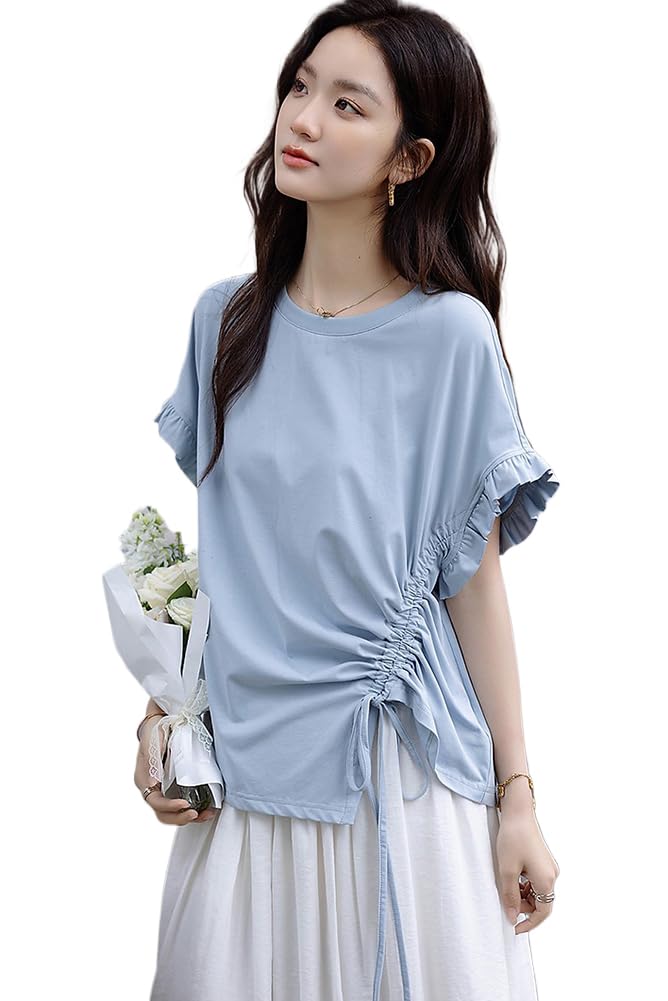 

Лето для короткого экипажа свободный повседневный [H. zroy] Женские футболки, топы, рукава, оборки, асимметричный, милый, куртка, вырез, посадка, льстящий, женственный, синий