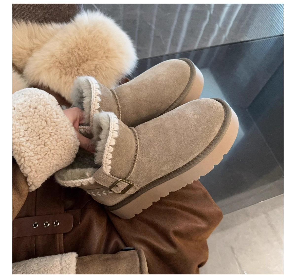 

Женские плетеные зимние ботинки на толстой подошве, новинка 2025 года, зимние короткие кожаные интегрированные ботинки, теплые и нескользящие хлопковые ботинки 40