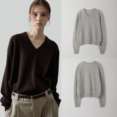 In-Stock: Women's V-Neck Wool Sweater - Fall/Winter Design, Simple Loose Fit, Slimming Knit Top