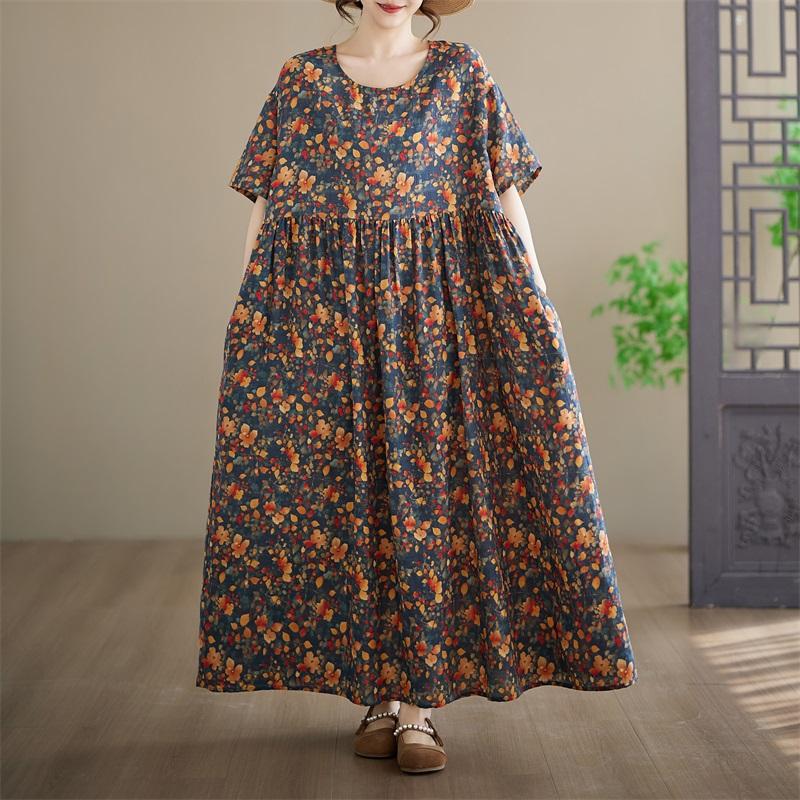 Abito floreale vintage in cotone taglie forti a maniche corte novità per donna casual ampio maxi lungo estivo