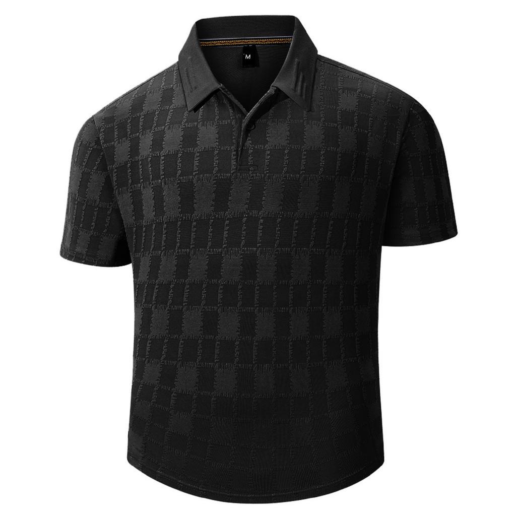 Men’s Short Sleeve Polo Shirt Classic Fit Knit Pattern Soft Fabric Button Placket Collar Top for Everyday Wear