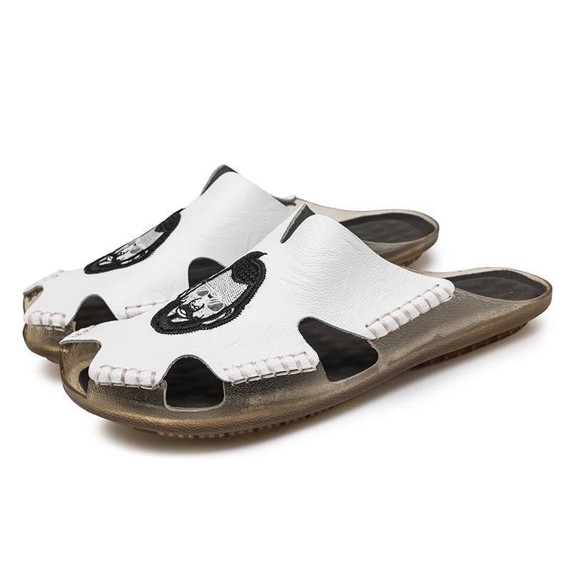 Summer Men's Flat Slippers Extra Wide Slide Sandals Outdoor Beach Open Toe Casual Soft Walking Leather Sandals