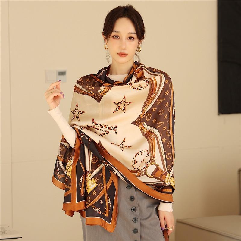 Light and mature style luxury presbyopia scarf with goods, new silk scarf, long large size travel shawl, sun protection