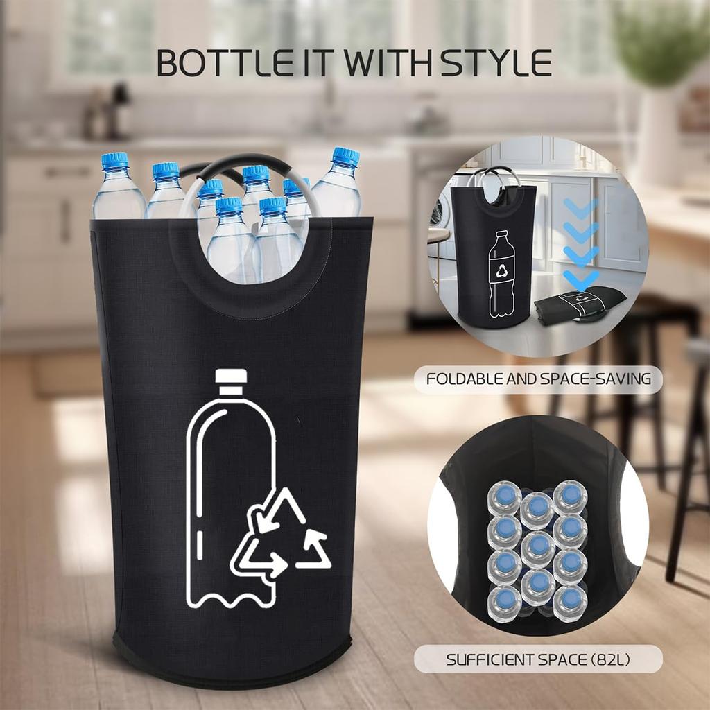 Foldable 82L Recycling Storage Basket Large Capacity Empty Bottle Bag Aluminum Handle for Kitchen Laundry Room Organizer Pack