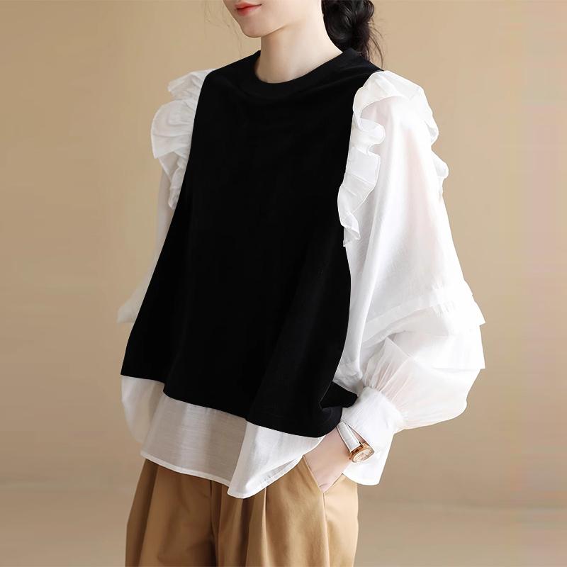 ZANZEA Women Casual Round Neck Contrast Ruffled Long Sleeve Fake Two Piece Blouses