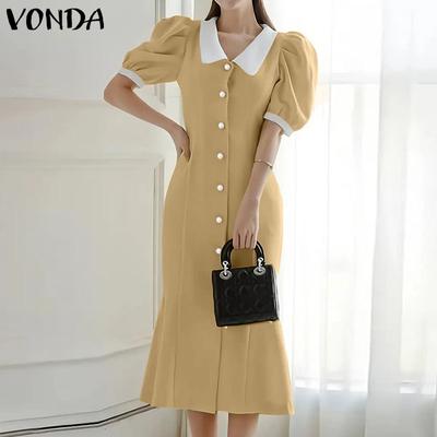 Elegantes Damen Revershals Lässiges Puffärmel Unelastisches Fischschwanz Langes Kleid