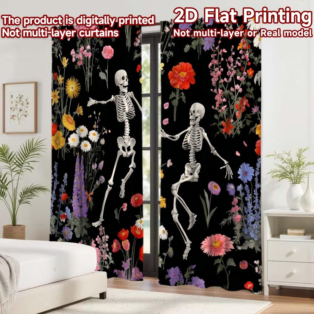 2D flat printing 2pcs Curtain Curtains Halloween Dancing Skeletons Flowers Digital Printed Polyester Drapes Party Decorations