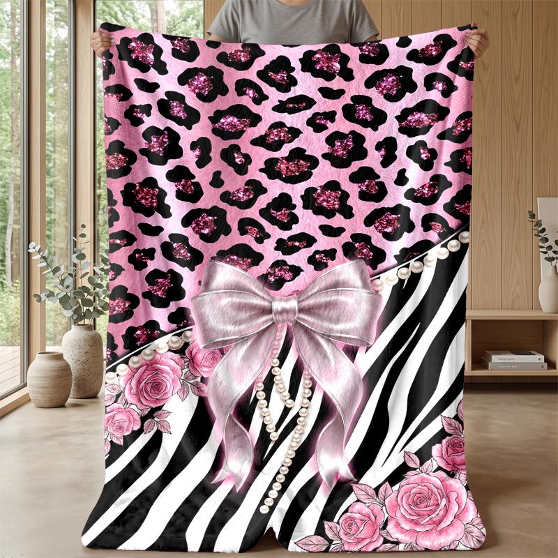 Pink Roses and Bows on Stripes Theme blanket Lightweight Warm Flannel Blanket Decorative Throw Blanket for Home Decoration