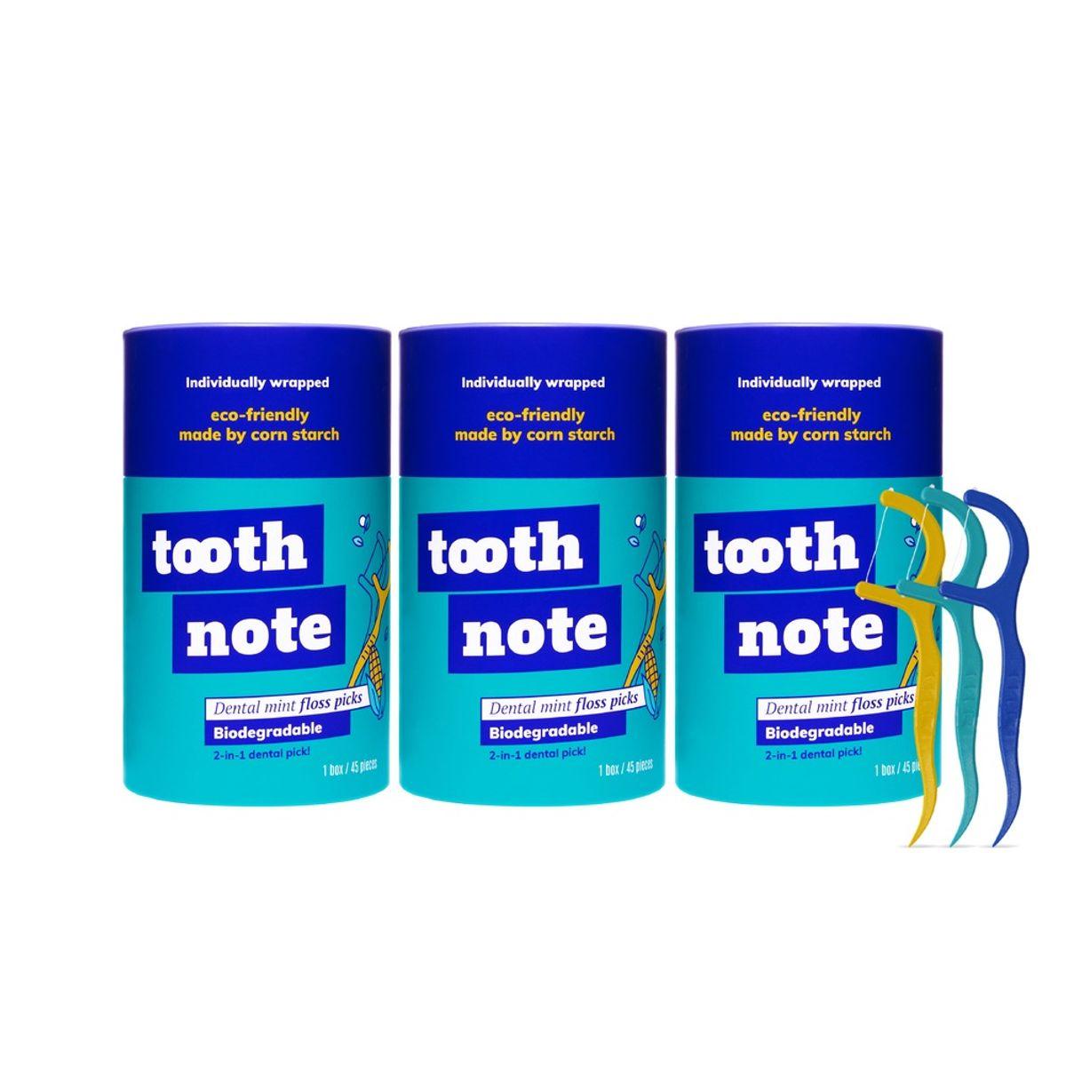 Toothnote Premium Dental Mint Scented Disposable Dental Floss 3 Packs of 45 Toothpicks
