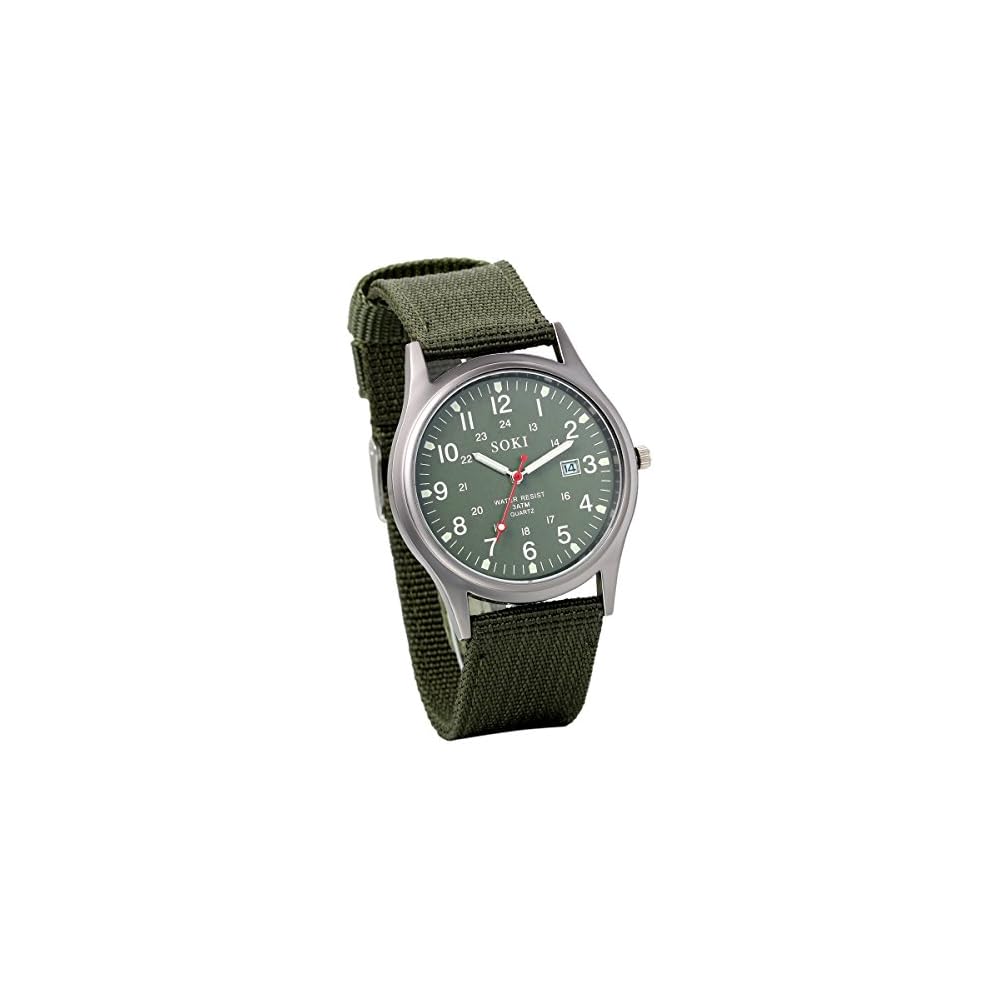 Men s Antique Calendar Waterproof Analog Sports Watch Green Nylon Strap 12/24 Hour Quartz