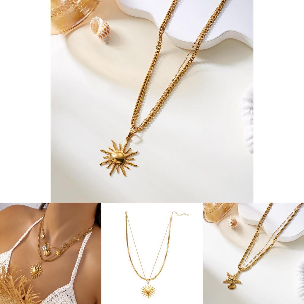 Beach Style Double Layer Stainless Steel Necklace With Starfish Shell And Heart Pendant For Women And Men