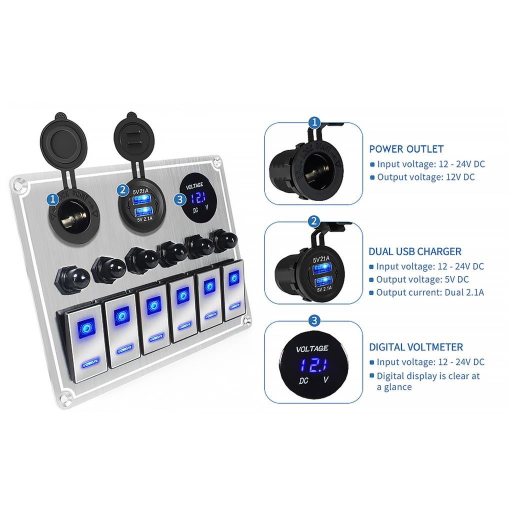 6 Gang On Off Rocker Switch Panel Waterproof Toggle Switch Panel with 2 Blue LED for Car RV UTV