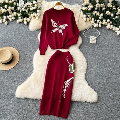 Autumn Winter Women Print Knitted Sweater Two Piece Set Full Sleeve Pullover Top and Long Midi Slim Bodycon Sheath Skirt Outfits