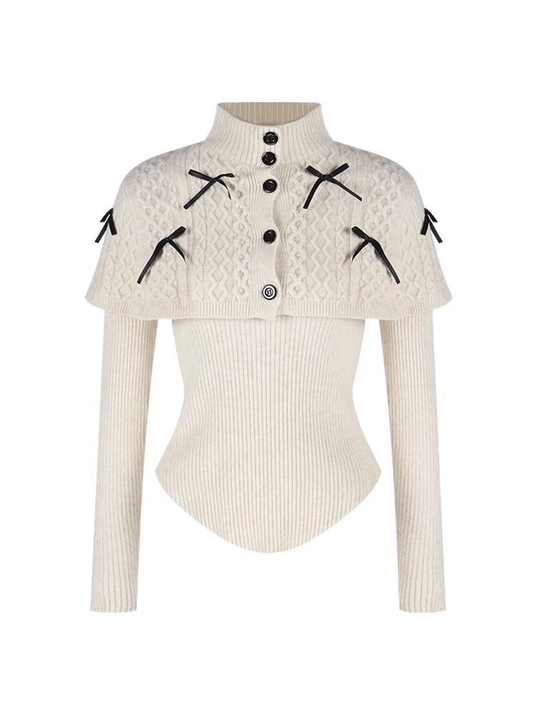 Maillard Style Women's Slim Fit Poncho Cape Bow Knitwear for Autumn/Winter