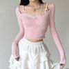 Women's Top Square Neck Lace Bow Long Sleeved Pleated T-shirt
