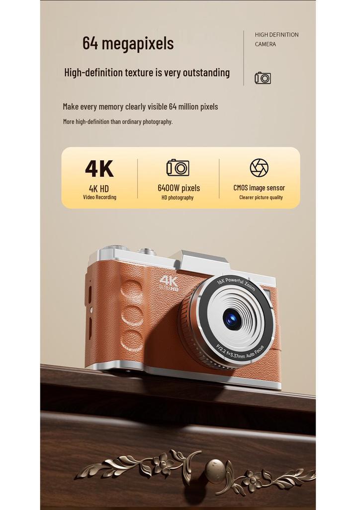 4K HD Retro Digital Camera, 64MP, Dual Lens, 16x Optical Zoom, Ideal for Student Photography