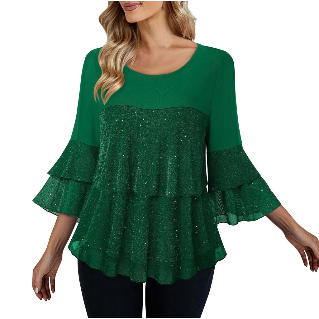 Ladies' Loose Casual Fashionable Knitted Patchwork Sequin Multi-layer Loose Top