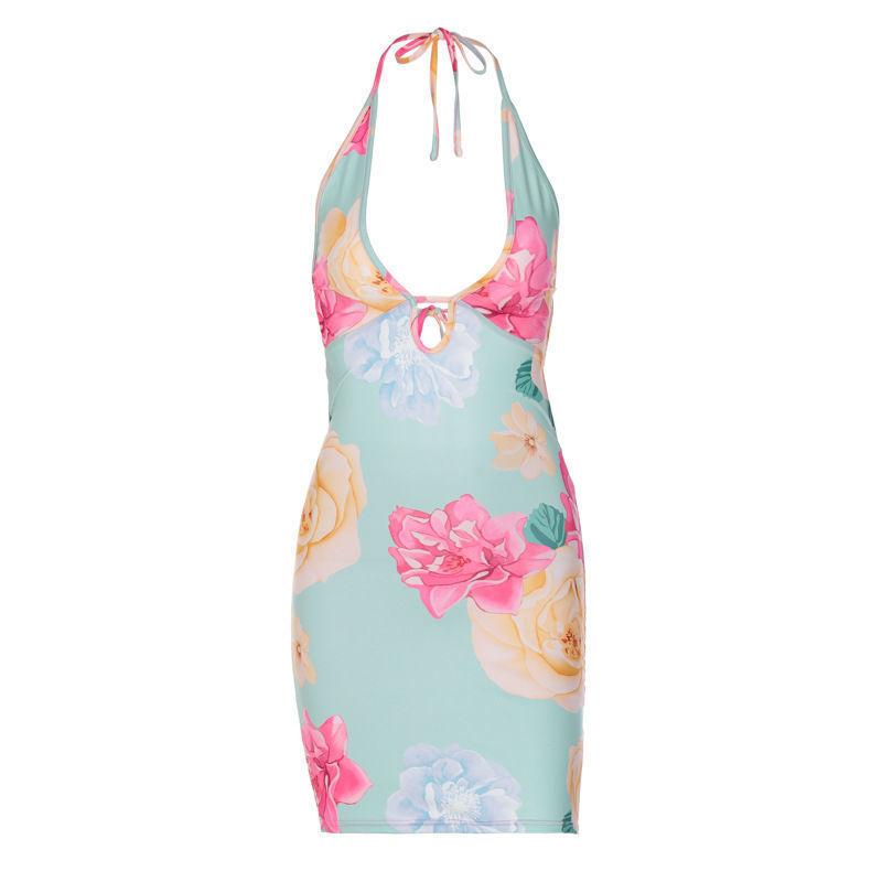 Trendy Style Sexy Neck Strap Halter Hip Skirt Summer New Flower Print Hollow Short Dress Women
