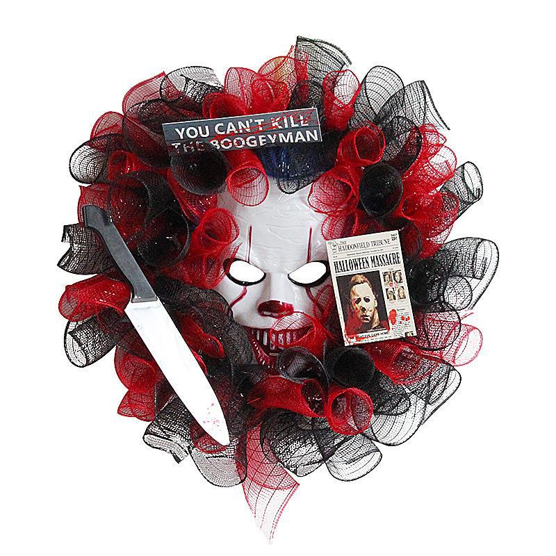 

Halloween Scary Clown Mask Wreath Front Door Hanger Skeleton Garland Party Wall Hanging Decor 2022 Haunted House Layout Props