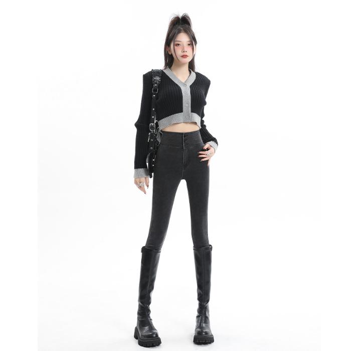 Plush Velvet Trousers for Women In Autumn and Winter Peach Buttocks Tight Jeans for Women Ash Super High Waist Pencil Pants for Women