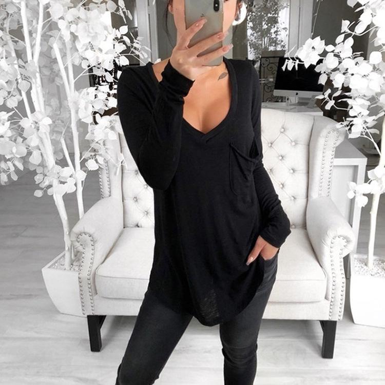 QICED Women's Fashion Casual Solid Color Print Long Sleeve V-Neck Blouses & Shirts