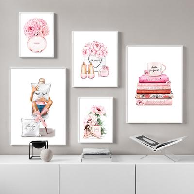Mode Mädchen Kunst Leinwand Malerei Parfümflasche Absätze Lippenstift Handtasche Nordische Poster und Drucke Wandbilder Raumdekor