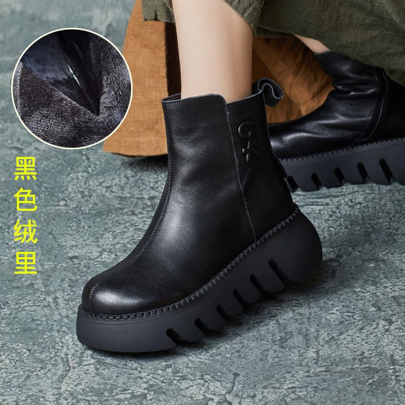 Women's Boots 2026 New Handmade Cowhide British Style Round Toe Short Boots with Side Zipper Thick Sole Women's Boots
