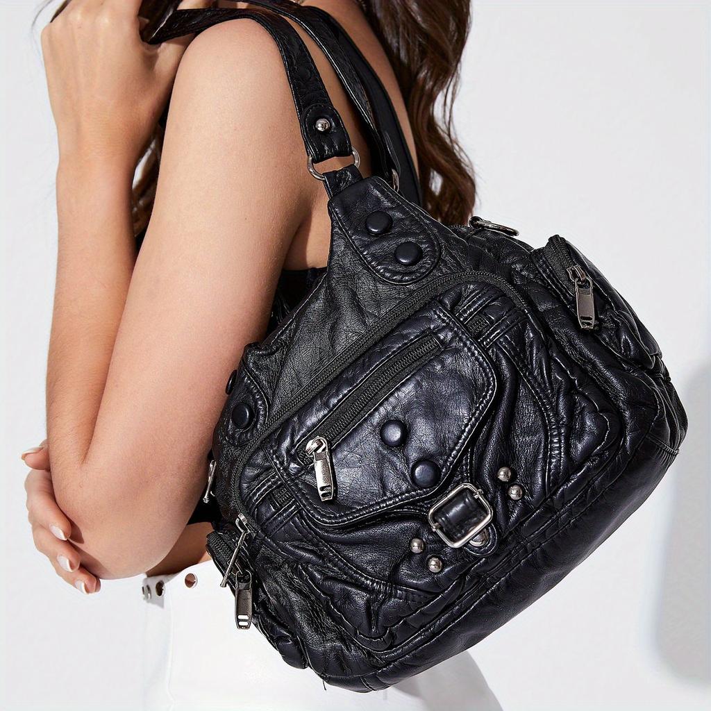 Geantă de mână hobo retro de culoare uni, geantă ghiozdan steampunk din piele PU pentru femei pentru cumpărături zilnice